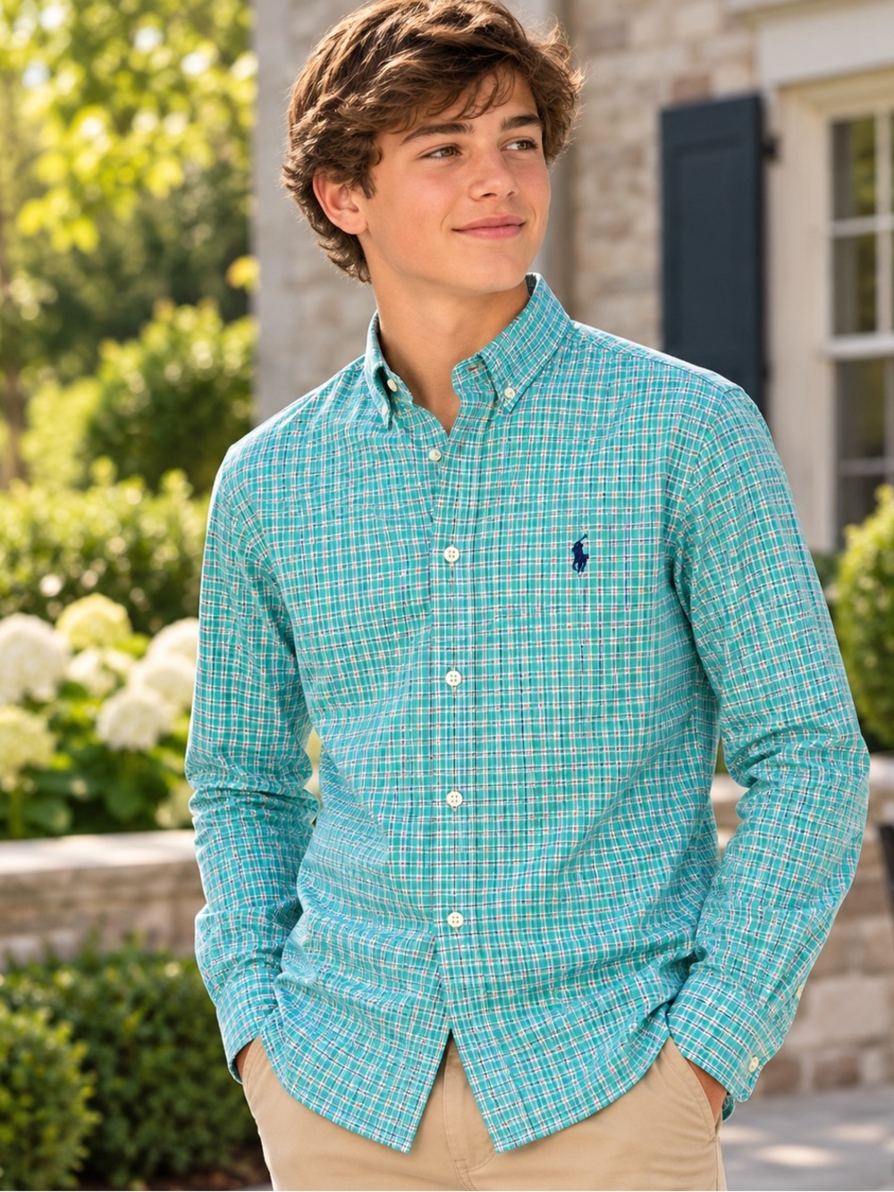 Ralph Lauren Boys XL 18-20 Plaid Button Down Shirt Green Aqua Cotton Pony